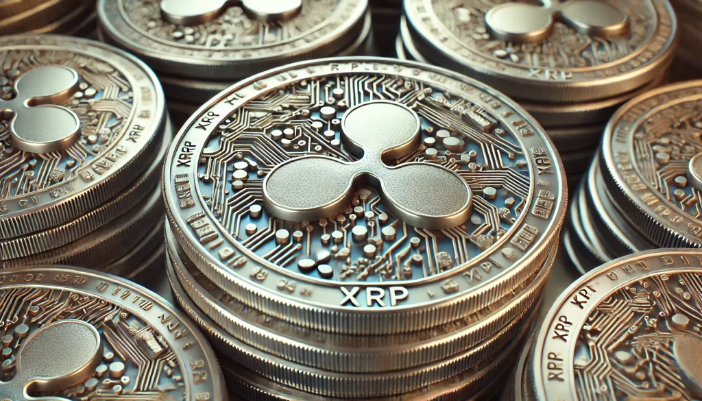 A close-up view of multiple Ripple (XRP) coins stacked together, featuring the three-petal logo with intricate, circuit-like designs on a metallic silver surface.