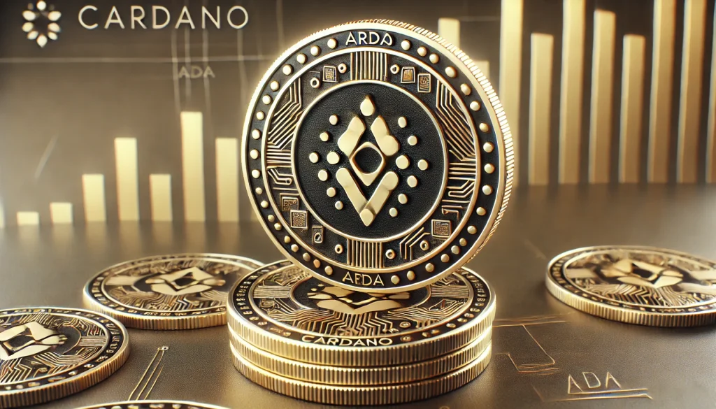 A close-up view of Cardano (ADA) coins stacked together, with one coin standing upright. The coins feature a central circular pattern with smaller dots and intricate circuit-like designs on a gold metallic surface, set against a background with a financial chart.