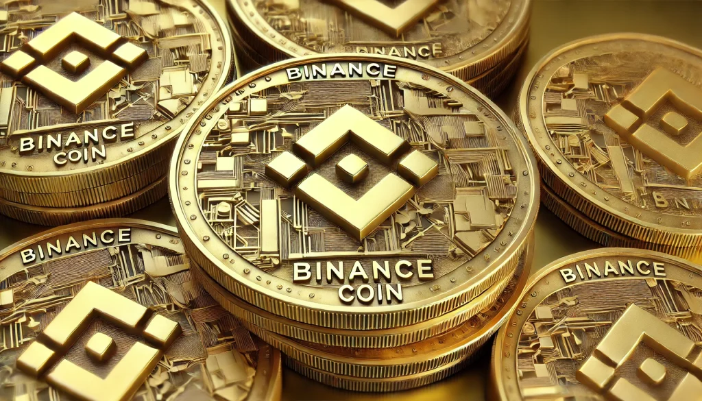 A close-up view of multiple Binance Coin (BNB) coins stacked together, featuring the Binance logo with intricate geometric patterns on a shiny gold metallic surface.