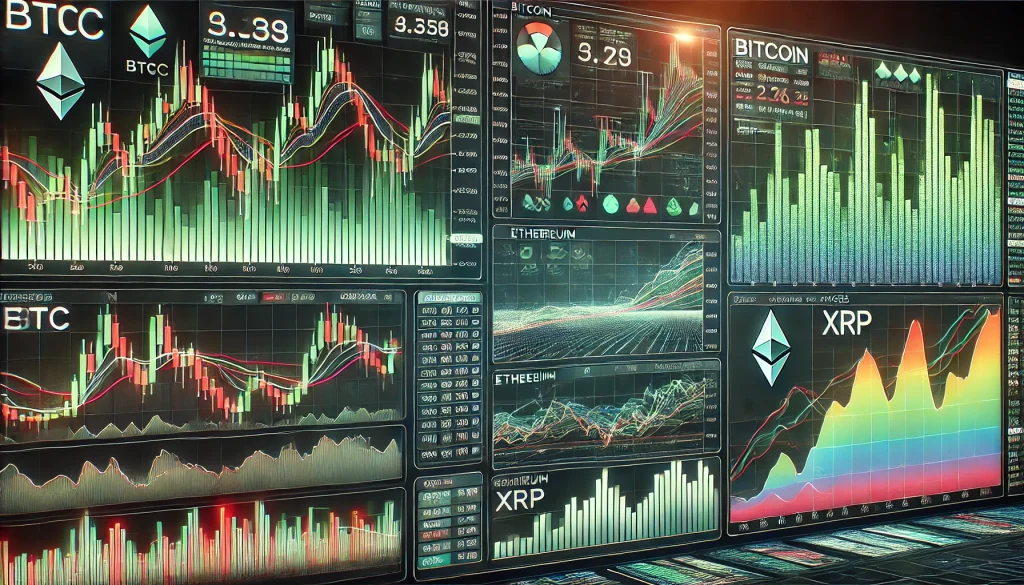 A detailed landscape view of a cryptocurrency market tracking dashboard displaying various charts and graphs for Bitcoin (BTC), Ethereum (ETH), and Ripple (XRP) with a dark background and bright neon indicators for market trends.