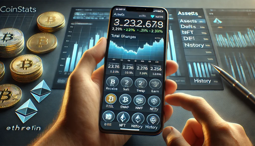 A user holding a smartphone with the CoinStats app open, displaying a cryptocurrency portfolio with real-time data, including total value, price changes, and options to receive, swap, and earn. The interface is in dark mode with bright highlights, similar to modern finance apps.