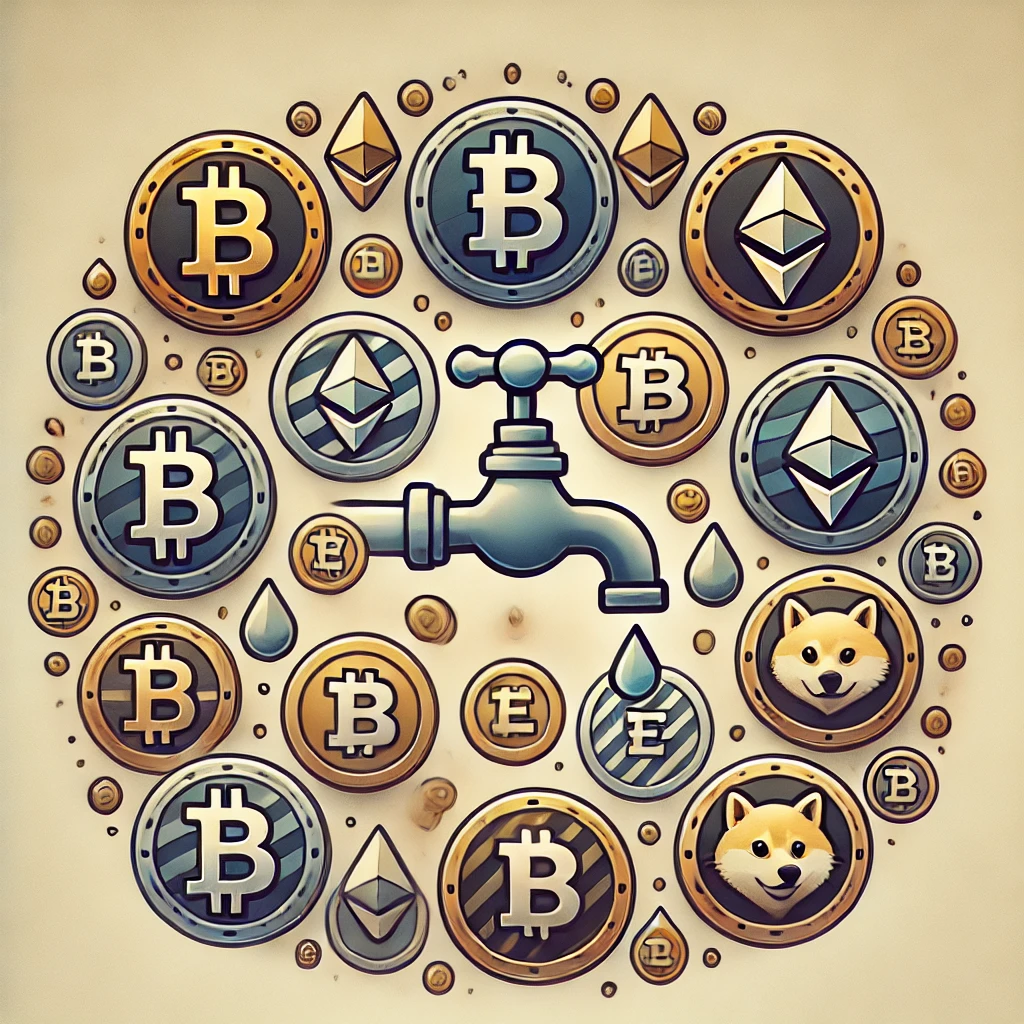 A collection of cryptocurrency logos like Bitcoin (BTC), Ethereum (ETH), Litecoin (LTC), and Dogecoin (DOGE) with faucets above them, depicting coins and droplets flowing out, symbolizing crypto faucets. The logos are arranged in a circular pattern with their iconic colors against a neutral background.