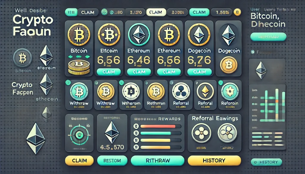 A screenshot of a modern crypto faucet interface featuring a clean, dark-themed dashboard with options to claim, withdraw, and track cryptocurrency rewards for Bitcoin, Ethereum, and Dogecoin. The interface includes prominent buttons, progress bars, and user stats, providing a sleek and user-friendly experience.