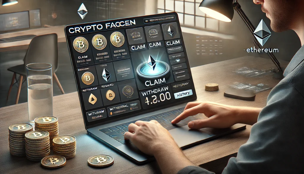 A user sitting at a modern desk, engaging with a crypto faucet interface on a laptop. The screen displays various cryptocurrencies like Bitcoin and Ethereum, with prominent "Claim" buttons and options to withdraw, check history, and manage rewards. The workspace includes stacked coins and subtle cryptocurrency logos, with a sleek dark mode interface.