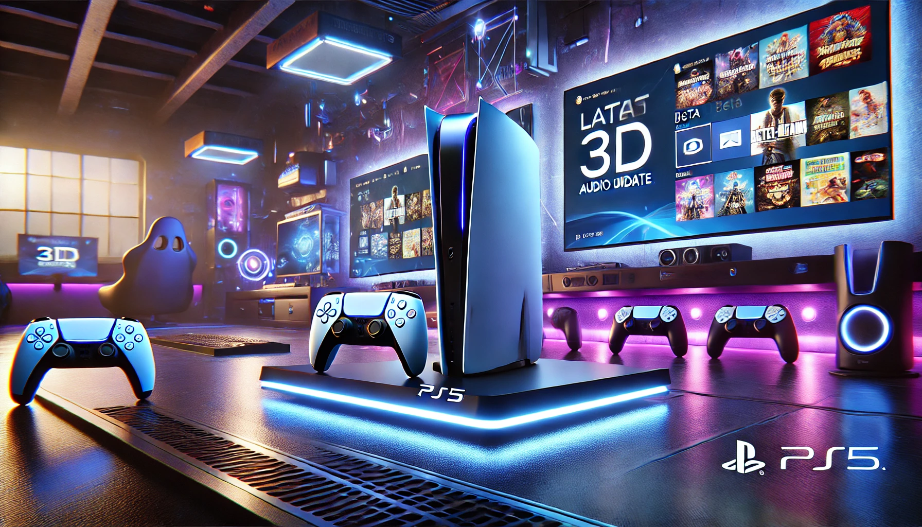 A PS5 console on a modern gaming desk, surrounded by a high-tech setup with multiple screens showing the latest beta update interface and 3D audio profiles. The room is illuminated with vibrant RGB lighting, creating an immersive gaming environment.