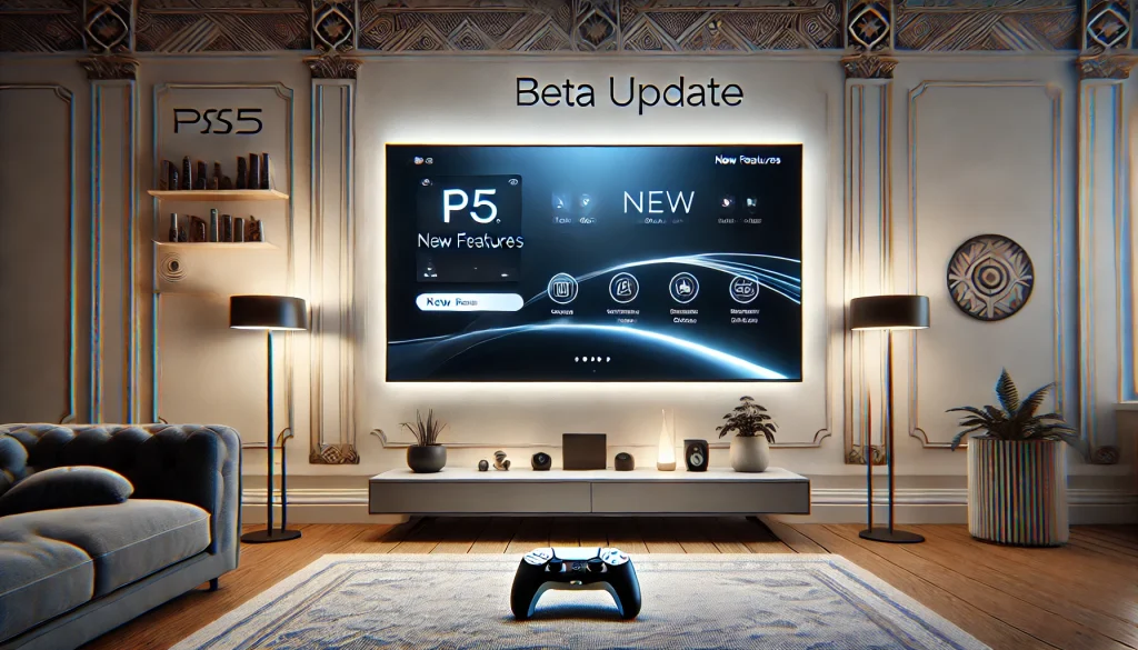 Modern PS5 interface illustration, beta update, intuitive design, stylish gaming setup.