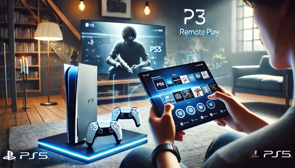 Gamer using PS5 remote play on tablet, modern living room setting.