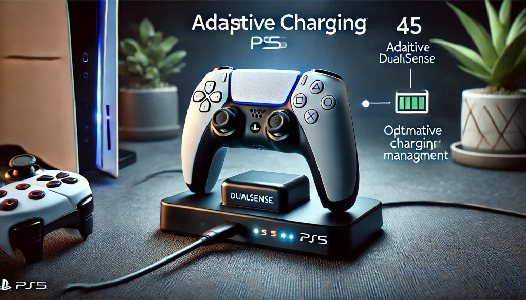 PS5 DualSense controller on charging dock, adaptive charging, sleek setup, ambient lighting.