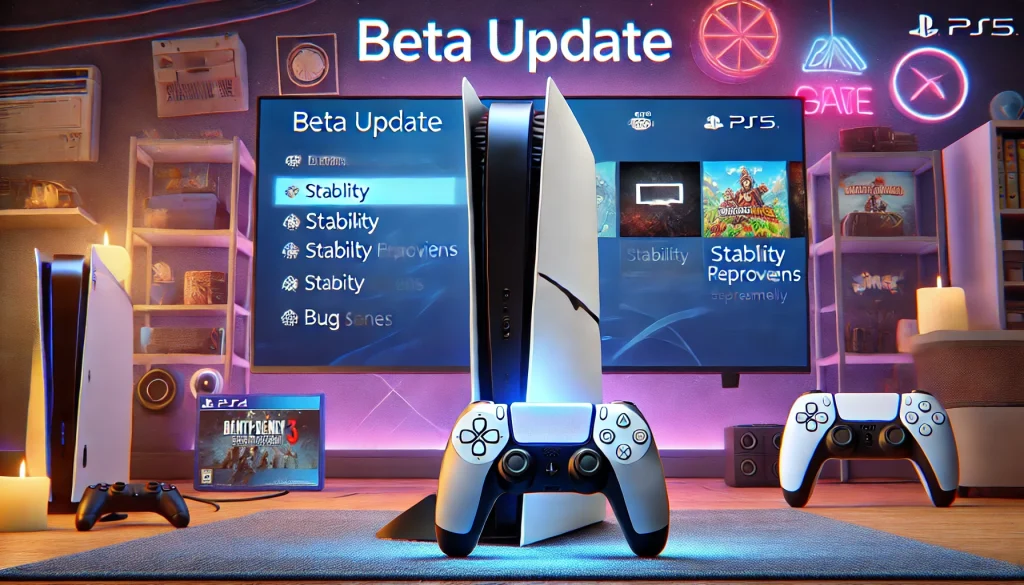 A detailed digital illustration of a PS5 console with the beta update interface, highlighting stability improvements and bug fixes. The screen shows a smooth, error-free operation with various games running seamlessly. Background features a modern gaming setup with vibrant lighting and minimalistic décor.