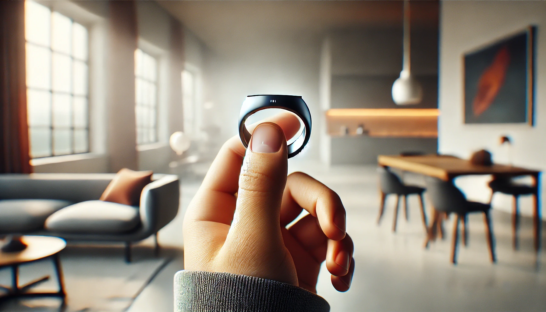 A high-resolution photograph of the Oura Ring, sleek design, worn on a person's finger, close-up shot with a modern interior background. Minimalistic furniture and soft lighting highlight the ring's metallic finish. Subtle reflections and shadow play. Created Using: macro lens, minimalist style, soft focus, realistic rendering, natural colors, high contrast, subtle bokeh, hd quality, natural look