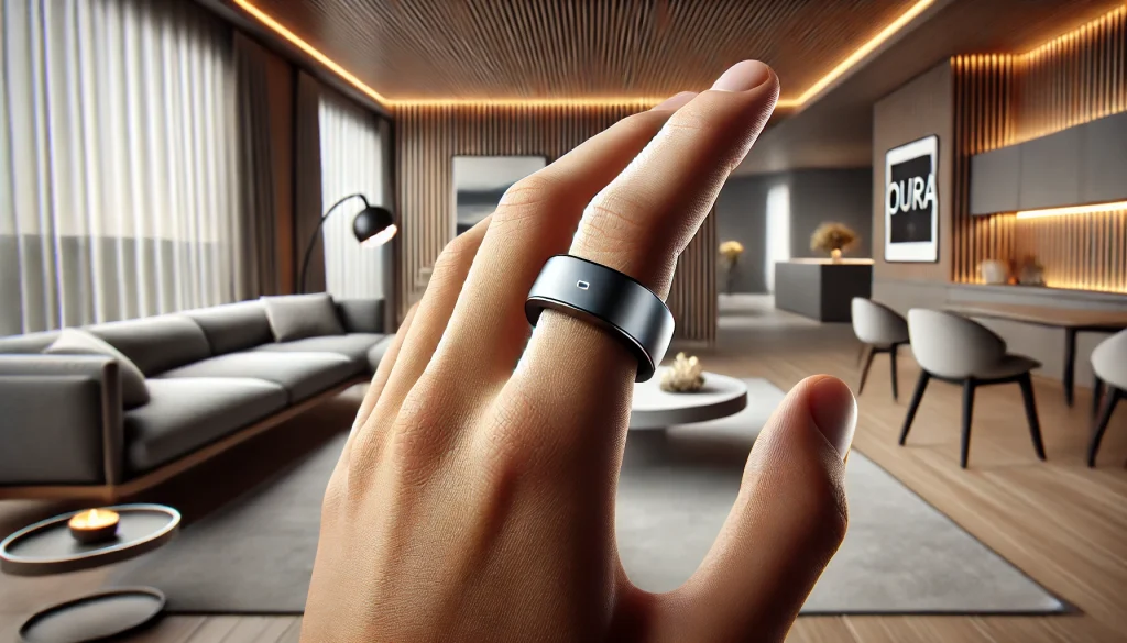 A high-resolution photograph of the Oura Ring, sleek and minimalist design, worn on a person's finger, close-up shot with a stylish modern interior background. Minimalistic furniture and ambient lighting highlight the ring's metallic finish. Subtle reflections and shadow play. Created Using: macro lens, minimalist style, soft focus, realistic rendering, natural colors, high contrast, subtle bokeh, hd quality, natural look