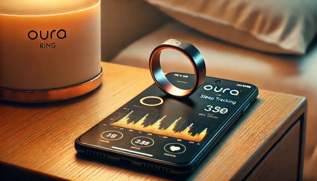 A high-resolution photograph of the Oura Ring showcasing its accurate sleep tracking, close-up of the ring on a bedside table with a detailed sleep graph displayed on a nearby smartphone. Dim bedroom lighting with soft, warm hues creating a cozy ambiance. Created Using: macro lens, minimalist style, soft focus, realistic rendering, natural colors, high contrast, subtle bokeh, hd quality, natural look.