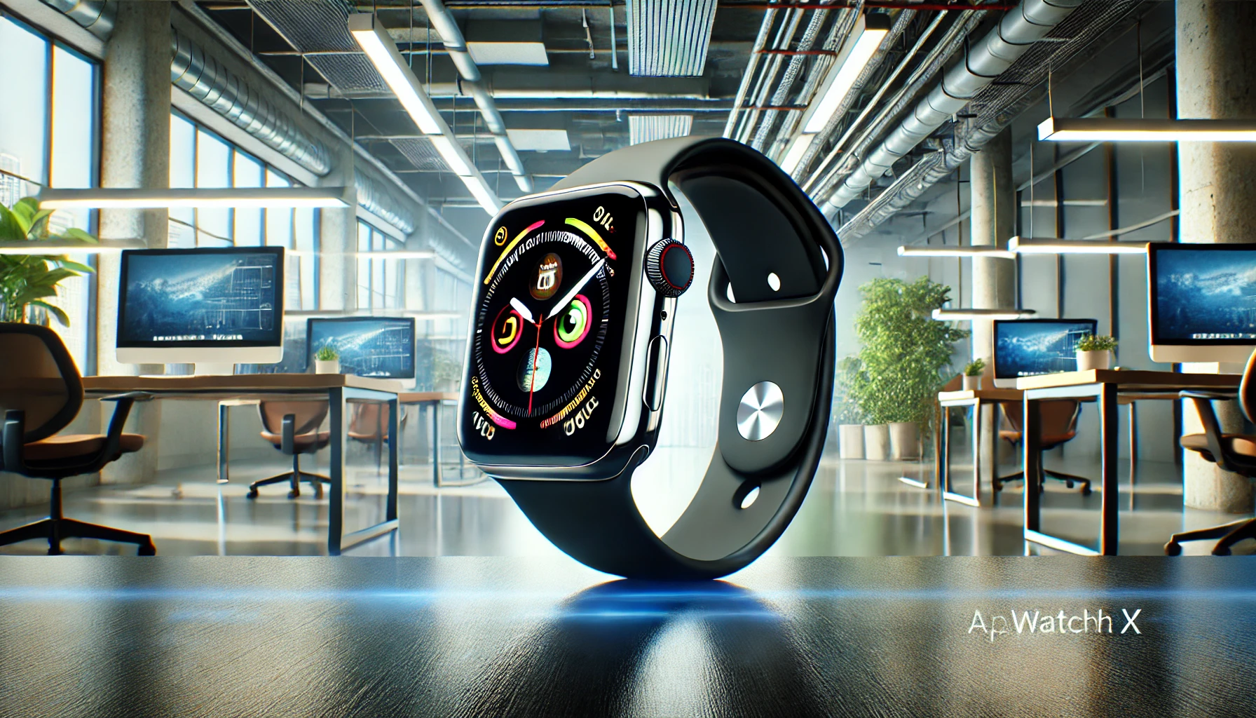 A high-resolution photograph of the Apple Watch X, showcasing its sleek, minimalist design, and futuristic interface, set against a modern, tech-savvy workspace background. Bright, natural lighting highlighting the watch's glossy finish and sharp display. Created Using: Canon EOS R5, modern minimalism, high contrast, soft focus, product photography, studio lighting, tech aesthetics, clean lines, vivid colors