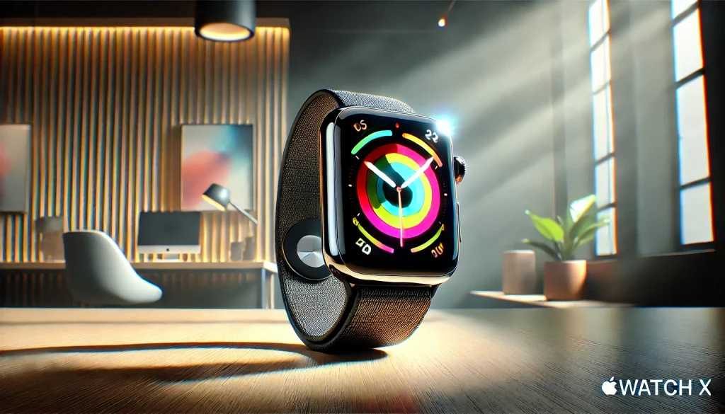 A high-resolution photograph of the Apple Watch X, showcasing its larger, edge-to-edge OLED display with vibrant colors, in a sleek, modern setting. Bright sunlight highlighting the screen's brightness and clarity. Background featuring minimalist decor and tech accessories. Created Using: Canon EOS R5, modern minimalism, high contrast, soft focus, product photography, studio lighting, tech aesthetics, clean lines, vivid colors