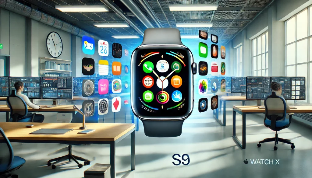 A high-resolution photograph displaying multiple apps open simultaneously, highlighting the smooth multitasking capabilities provided by the S9 chip. Background featuring a sleek, modern tech workspace. Bright, natural lighting showcasing the watch's efficiency. Created Using: Canon EOS R5, modern minimalism, high contrast, soft focus, product photography, studio lighting, tech aesthetics, clean lines, vivid colors