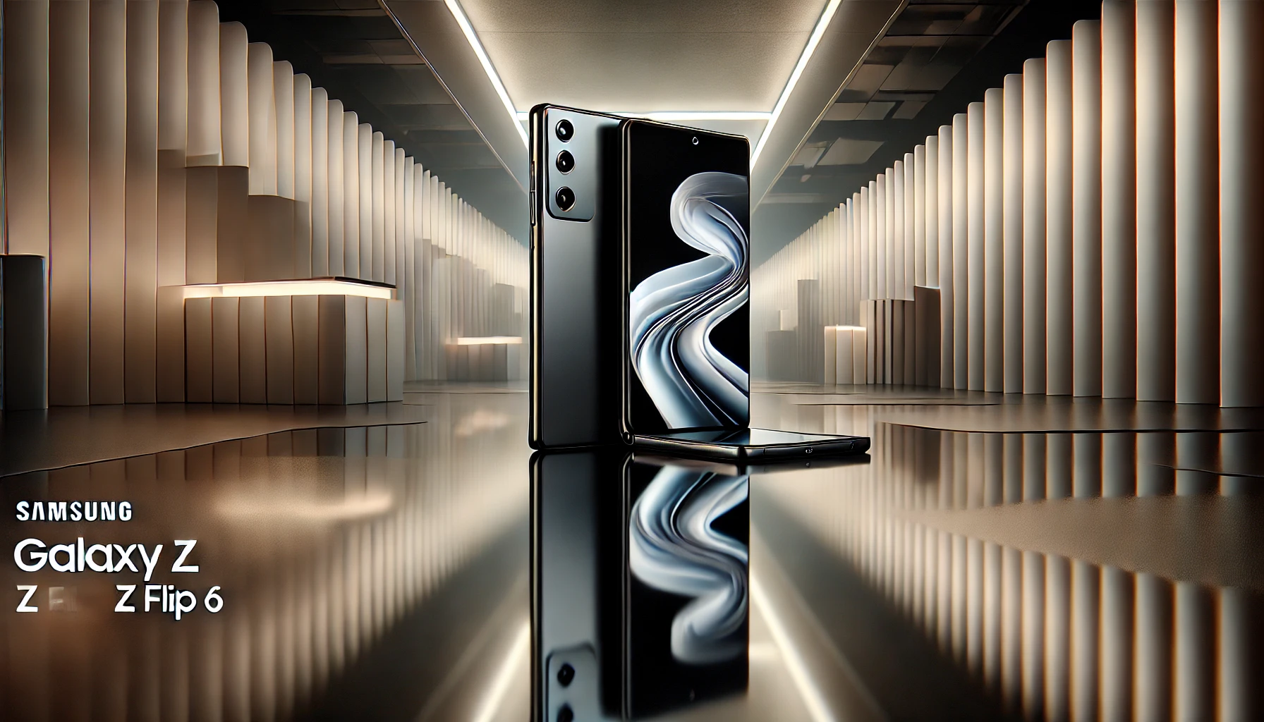 A sleek, high-resolution photograph of the Samsung Galaxy Z Flip 6 in its folded position on a reflective surface, with a modern minimalist background and ambient lighting highlighting the device's glossy finish and compact size.