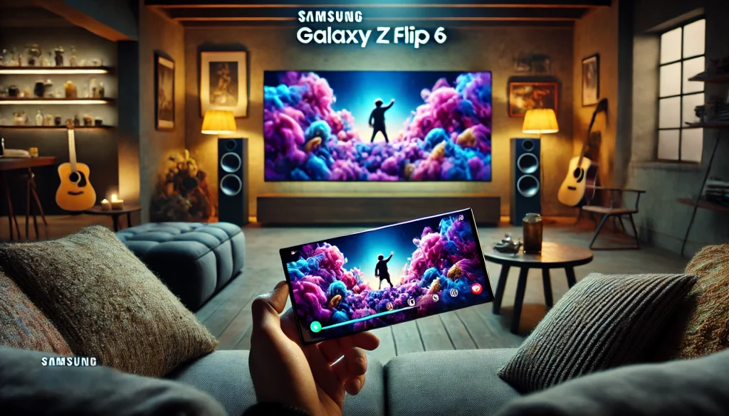 An artistic image of the Samsung Galaxy Z Flip 6 streaming a high-definition movie seamlessly. The screen displays vivid and crisp visuals, highlighting the device's smooth performance.