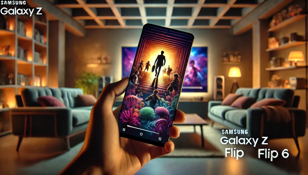  An artistic image of the Samsung Galaxy Z Flip 6 streaming a high-definition movie seamlessly. The screen displays vivid and crisp visuals, highlighting the device's smooth performance. Background: cozy living room with dim ambient lighting and a comfy couch.