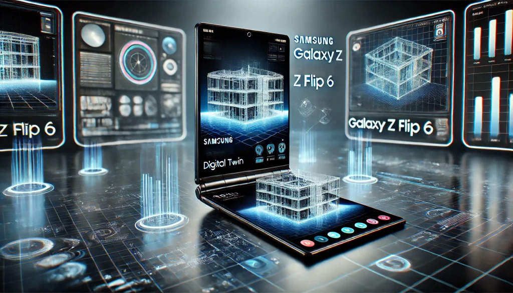 An artistic image of the Samsung Galaxy Z Flip 6 being used for digital twin exploration and virtual modeling. The screen displays a 3D model in high detail, with the foldable design enhancing the user interaction.