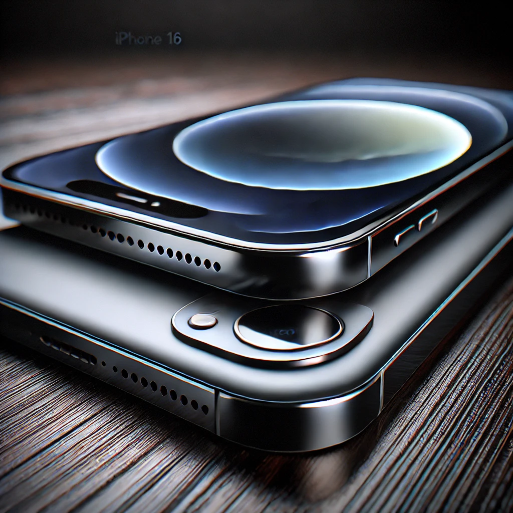 iPhone 16 close-up with ceramic shield, aluminum edges, dark wood background.