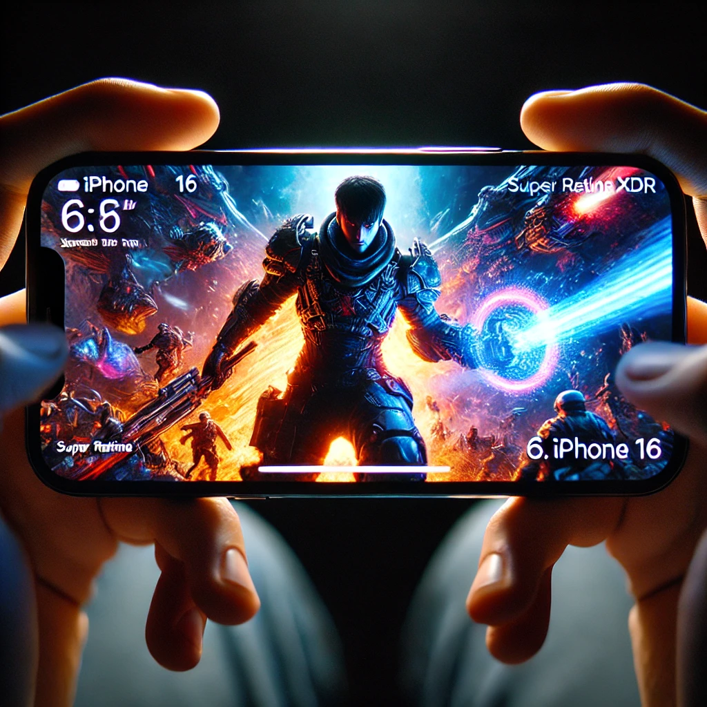 iPhone 16 close-up with 6.7-inch Super Retina XDR, vivid gaming display.