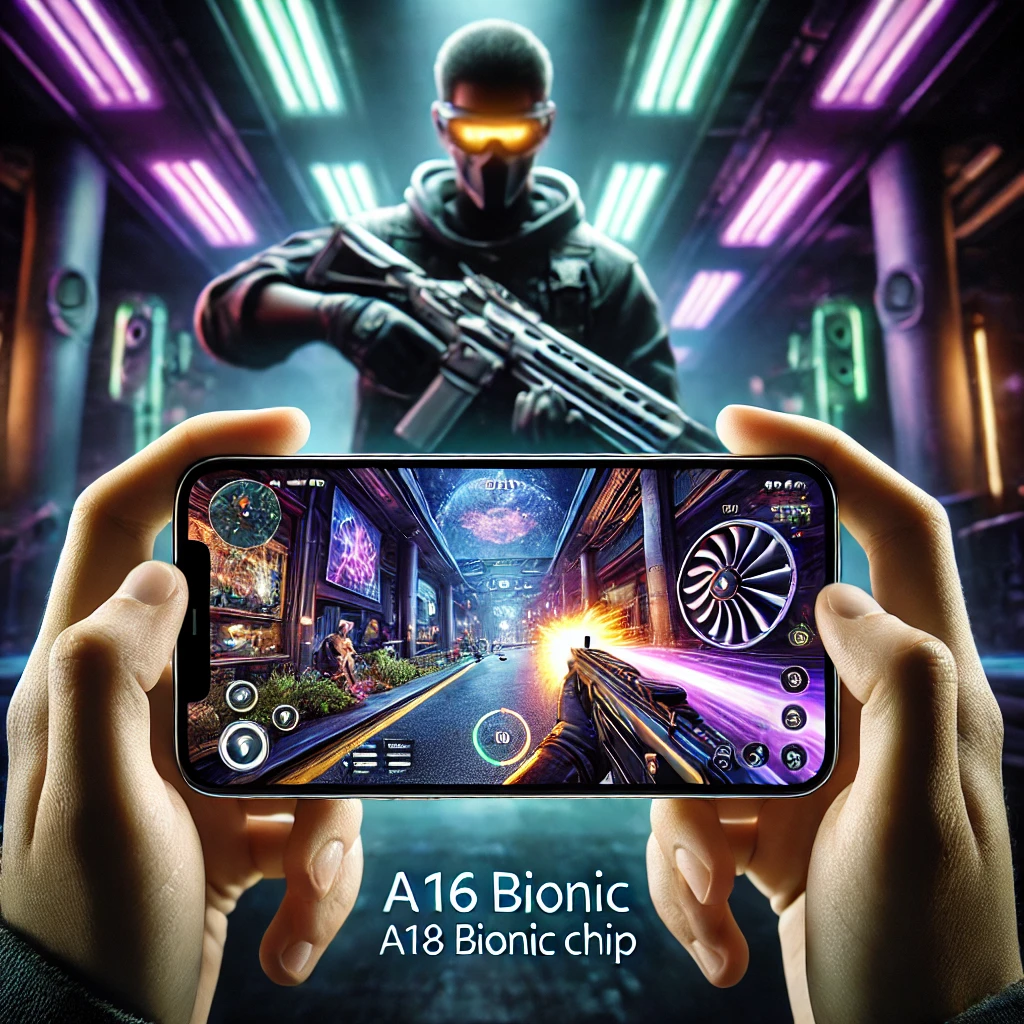 iPhone 16 running graphic-intensive game, A18 Bionic chip power, LED-lit room.