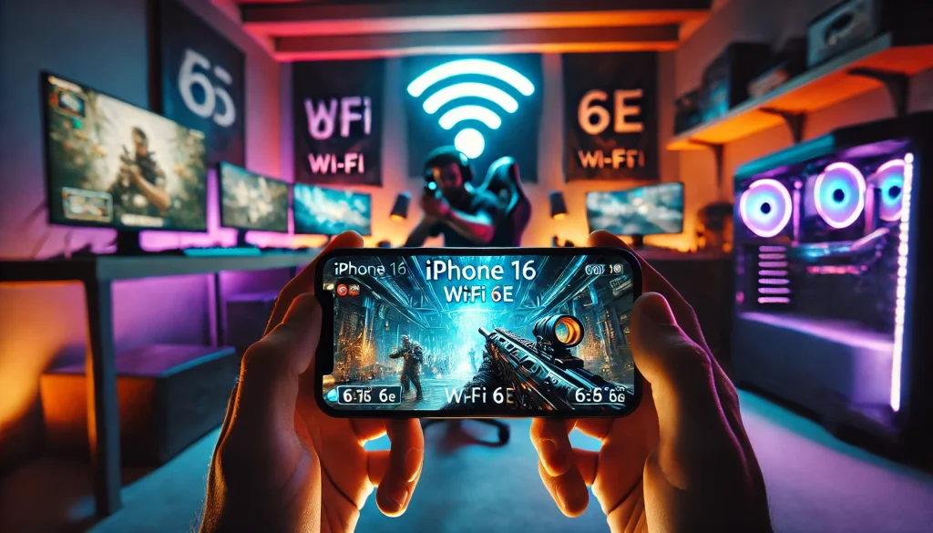 iPhone 16 close-up in online gaming, Wi-Fi 6E, LED-lit gaming setup.