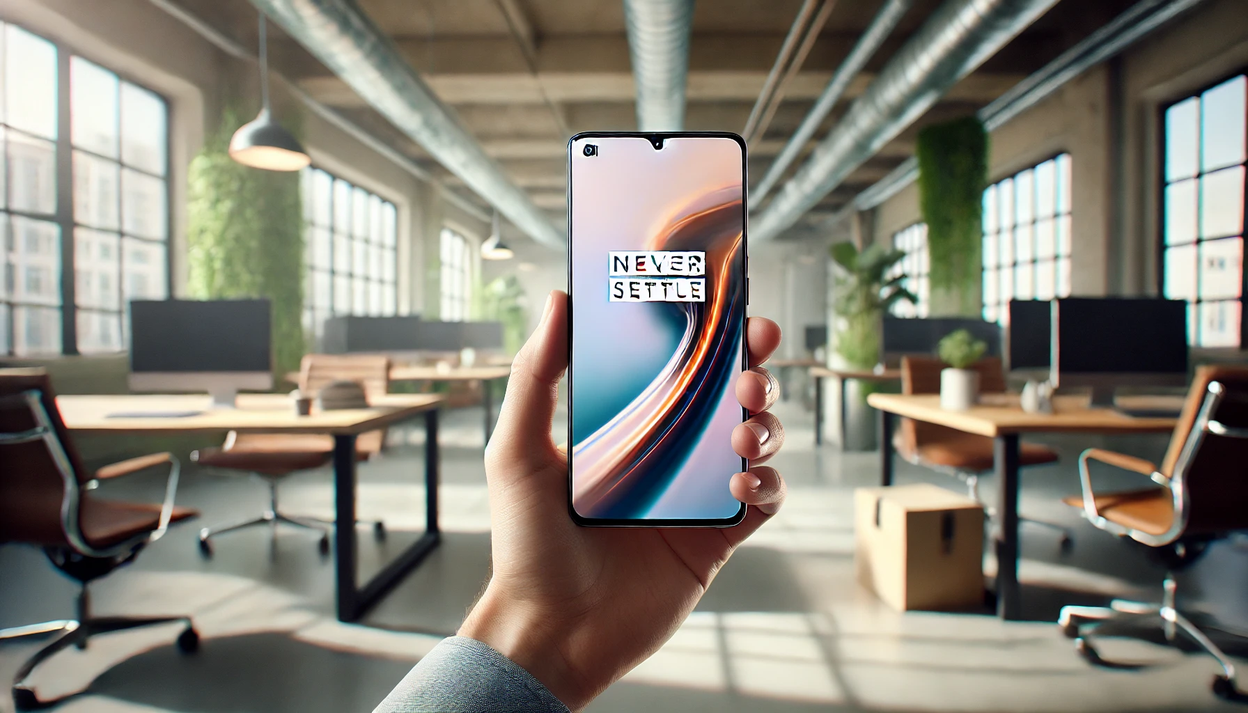 A photograph of the OnePlus 13 smartphone, showcasing its redesigned curved display, sleek metallic body, and minimal bezels, held in a hand. The background features a modern, stylish office setting with soft natural lighting.