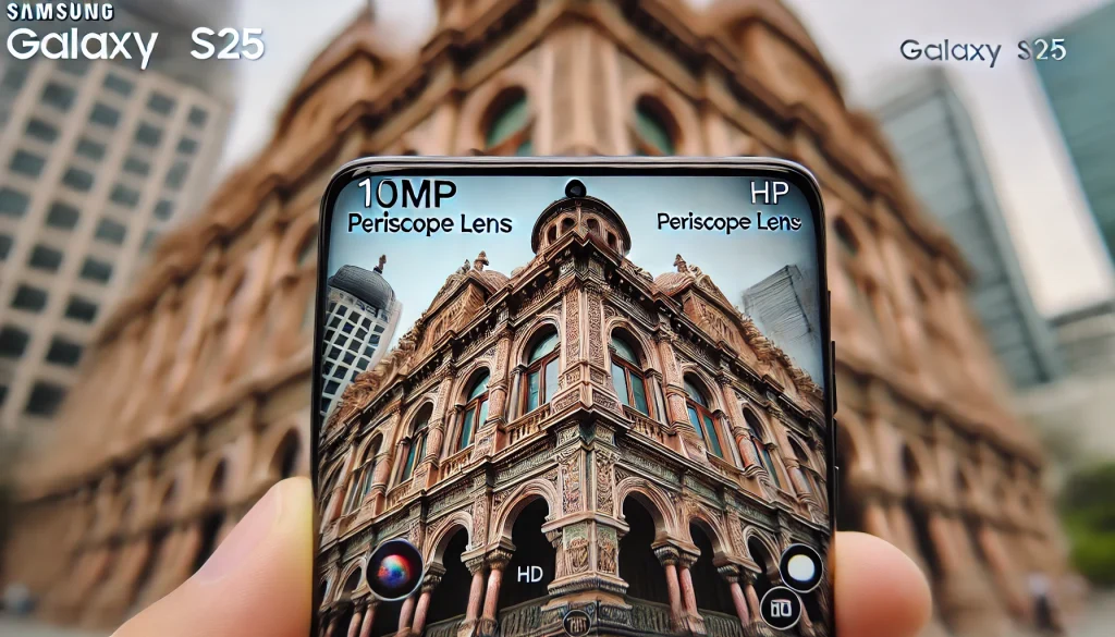 A close-up shot demonstrating the 10MP periscope lens of the Samsung Galaxy S25, capturing an intricate architectural detail from a distance with impressive zoom capabilities. The background shows a historic building with rich textures and patterns.