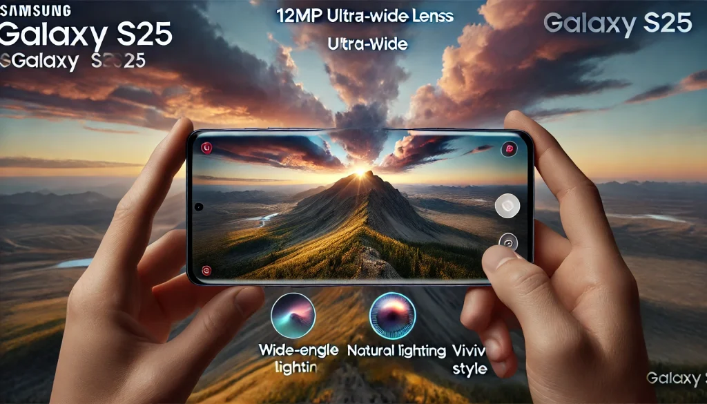  A dynamic shot of the Samsung Galaxy S25 being used to capture a wide landscape with the 12MP ultra-wide lens. The scene showcases a beautiful sunset over a mountain range, with the camera's AI enhancements bringing out vibrant colors and sharp details. The background is an expansive outdoor setting with natural lighting.