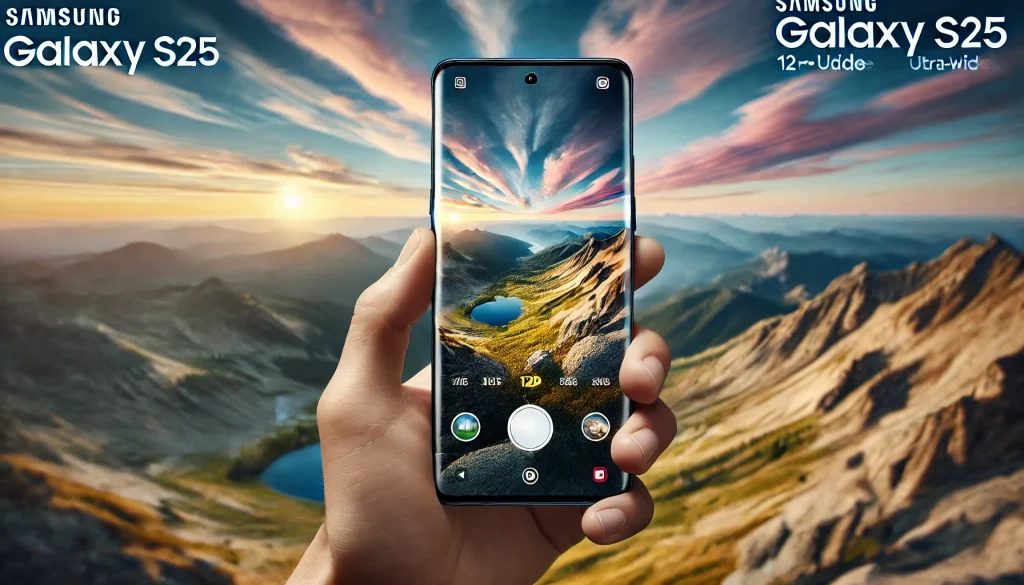 An action shot of the Samsung Galaxy S25 capturing a stunning landscape using the 12MP ultra-wide lens. The background shows an expansive, breathtaking view of mountains and valleys, with the phone's camera enhancing the vibrant colors and details. 