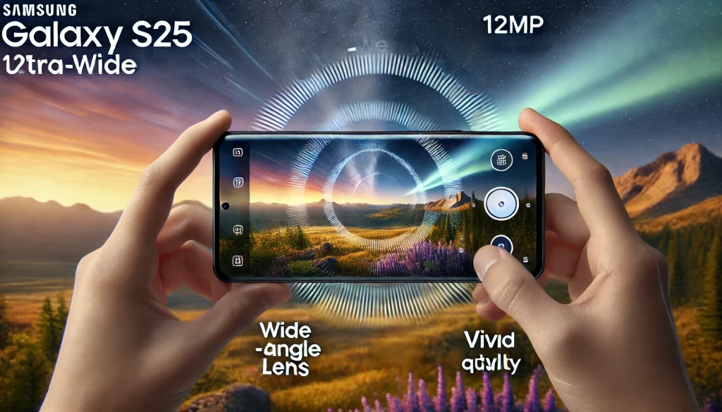 A dynamic shot of the Samsung Galaxy S25 capturing an expansive landscape with its 12MP ultra-wide lens. The background features a stunning natural vista with vibrant colors, emphasizing the camera's wide-angle capabilities.