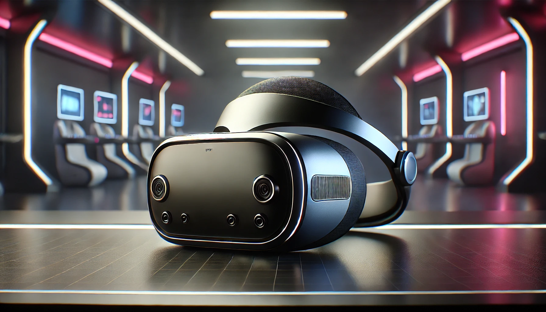 A high-tech VR headset, Meta Quest 3, sleek and modern design, resting on a futuristic desk. The headset is highlighted by soft ambient lighting that accentuates its curves and buttons. Background features a minimalist, tech-savvy room with neon accents. Crisp shadows and reflections, high detail, hd quality, natural look