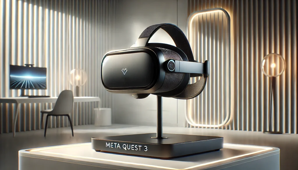 Meta Quest 3 VR headset, sleek and modern design, showcased on a stylish stand. The headset features lightweight materials with a focus on comfort, and adjustable straps visible.