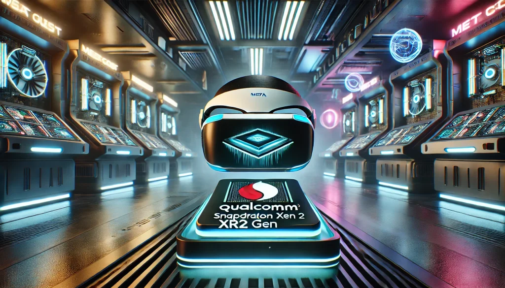 Meta Quest 3 VR headset in a futuristic high-tech room with advanced gadgets, neon lighting, and glowing indicators, showcasing its Qualcomm Snapdragon XR2 Gen 2 processor.