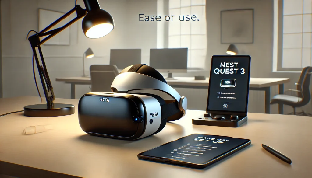 Meta Quest 3 VR headset on a desk, highlighting its user-friendly design and straightforward setup process. The background features a clean, modern workspace with clear instructions on a tablet screen. Soft ambient lighting emphasizes the ease of use. hd quality, natural look