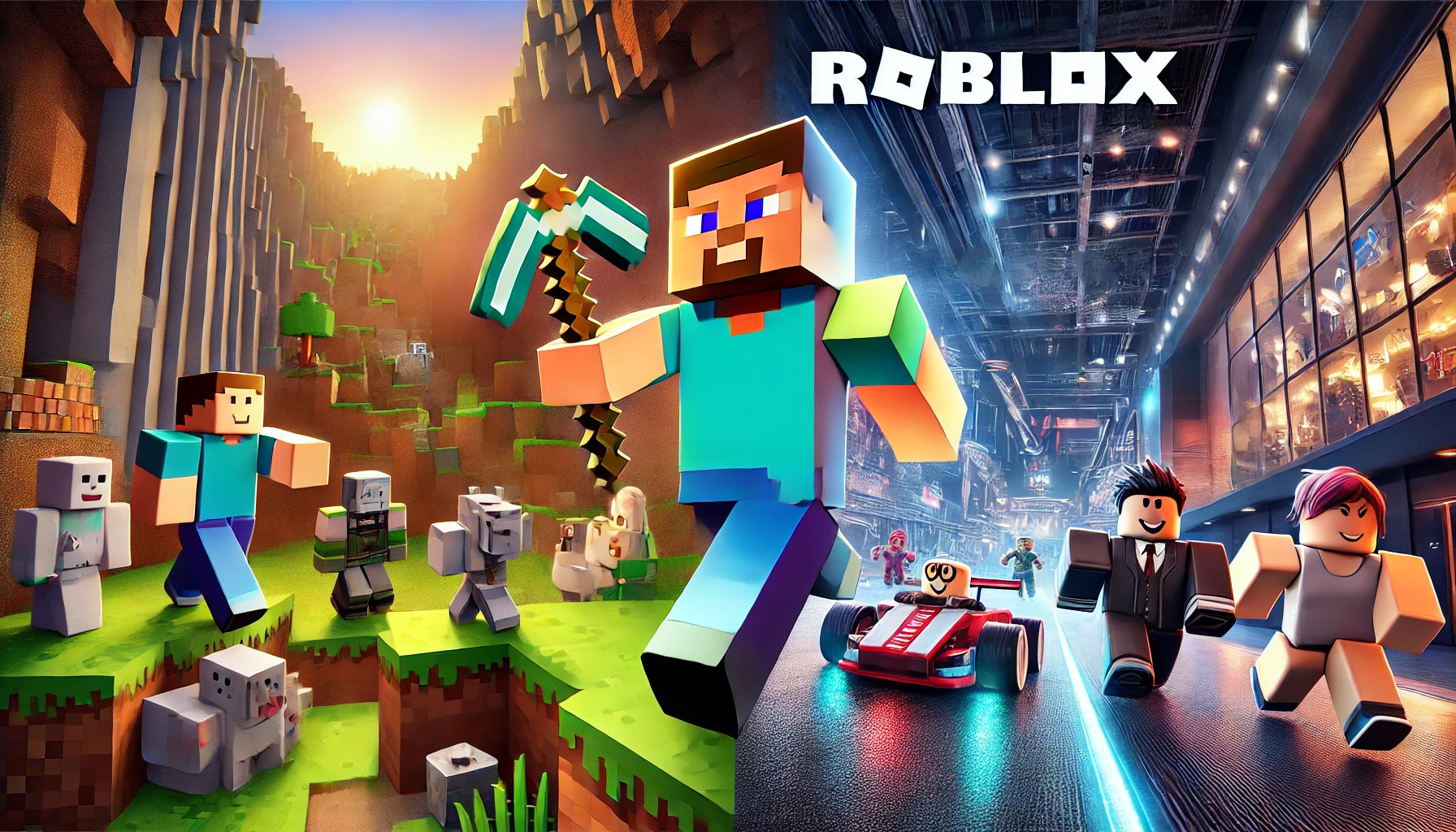 A split-screen image showing Minecraft on one side and Roblox on the other. Minecraft's side is a pixelated world with a blocky character mining in a cave, while Roblox's side is a sleek, modern environment with avatars racing on a track.