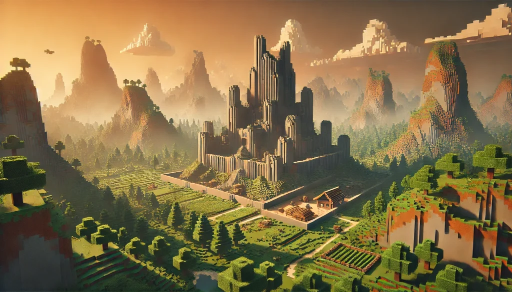 A vast Minecraft landscape with blocky, pixelated terrain, a player constructing a massive fortress out of stone and wood blocks. The scene captures the essence of creativity and simplicity, with a lush forest and towering mountains in the background. Warm, soft lighting from a setting sun enhances the nostalgic feel.