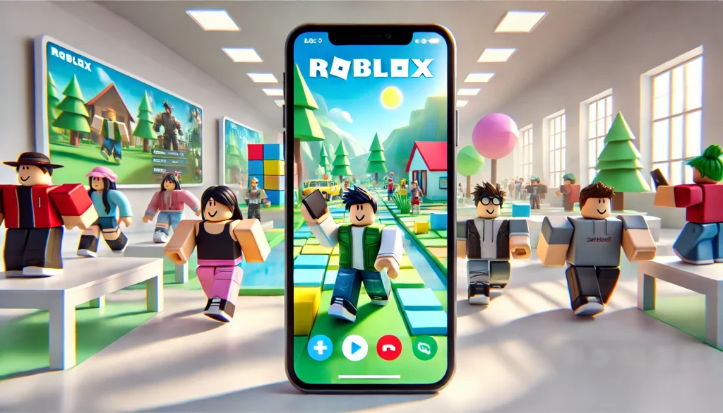  A Roblox scene showcasing a smooth-running game on a mobile device, with avatars interacting in a colorful, low-poly environment. The background is simple yet effective, with bright, clear colors and minimal details, emphasizing the game's accessibility and ease of play across different platforms.