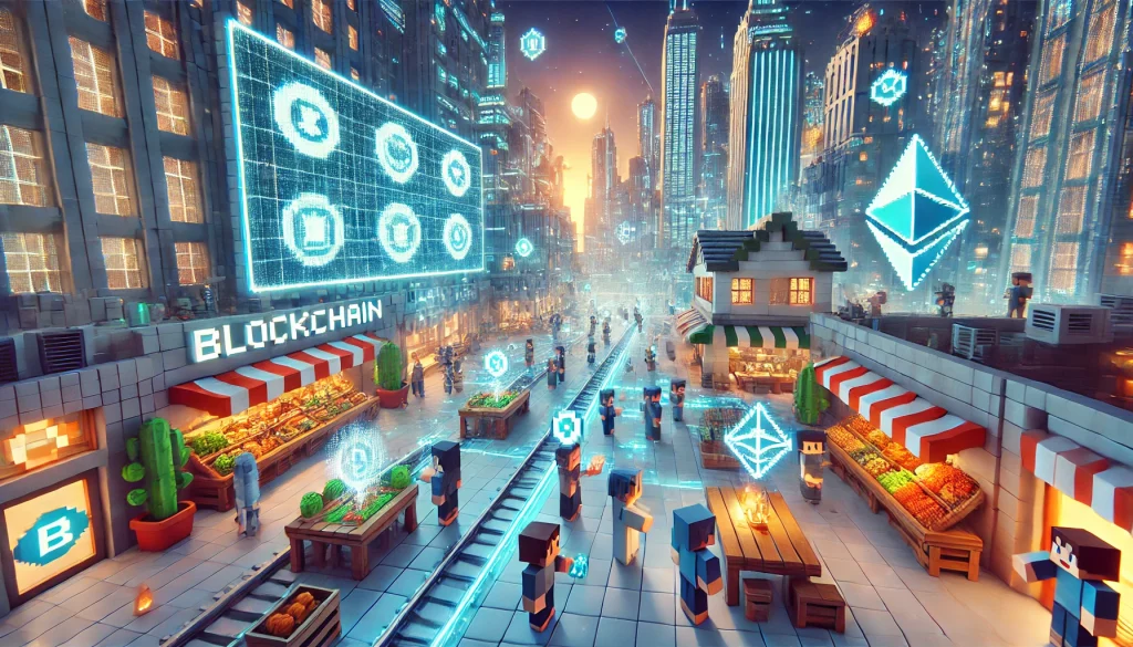 A futuristic Minecraft world where players trade NFTs and digital assets within a blockchain-integrated environment. The scene shows a bustling marketplace in a blocky city, with characters exchanging virtual goods, while holographic displays show blockchain transactions in real-time.