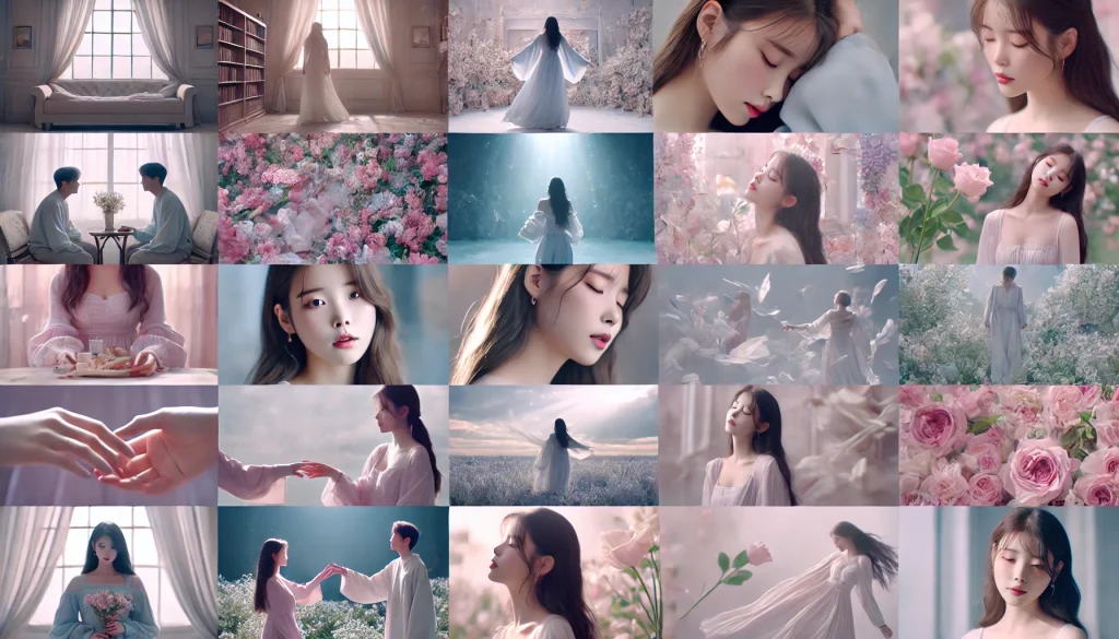 Animated collage featuring dreamy and romantic scenes from IU's 'Love Wins All' MV.