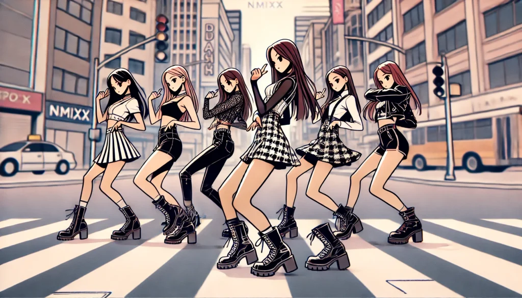 Animated version of NMIXX's 'Dash' MV dance scene with six girls in urban street setting.