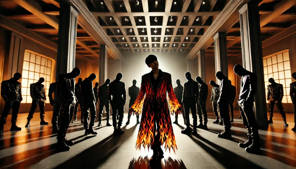 Animated scene of central figure in flame-print outfit surrounded by dark figures, capturing tension and intensity.