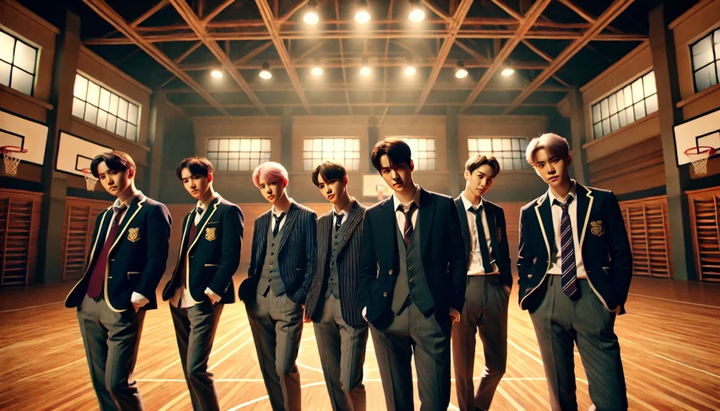 Animated version of six male members in school uniforms posing dramatically in a gymnasium.