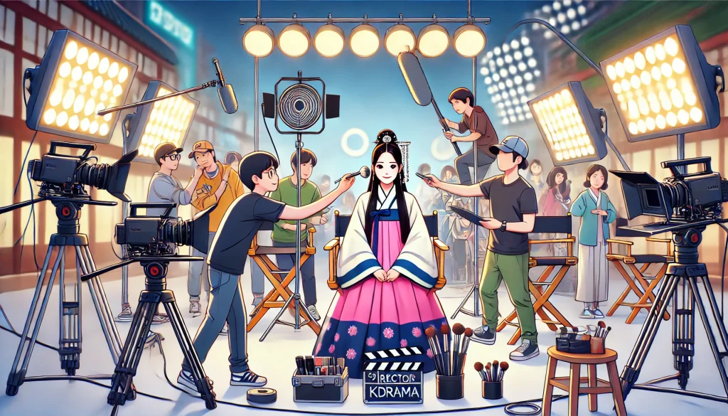 Animated Kdrama set behind-the-scenes with crew and actress in traditional attire.