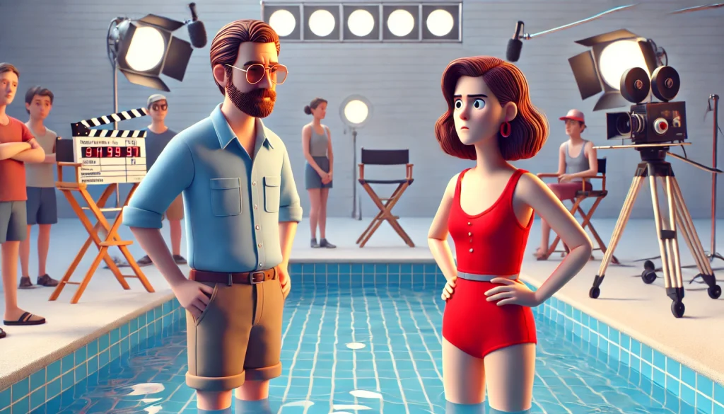 Animated film set behind-the-scenes with a director and actress in a pool scene.