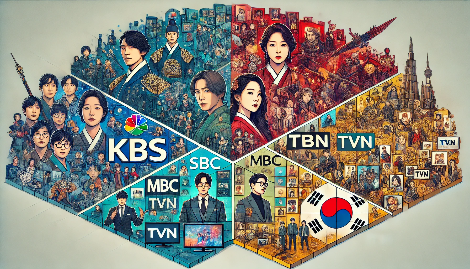 Collage of five Korean TV channels (KBS, SBS, MBC, tvN, JTBC) with their popular programs, including dramas, reality shows, and news.