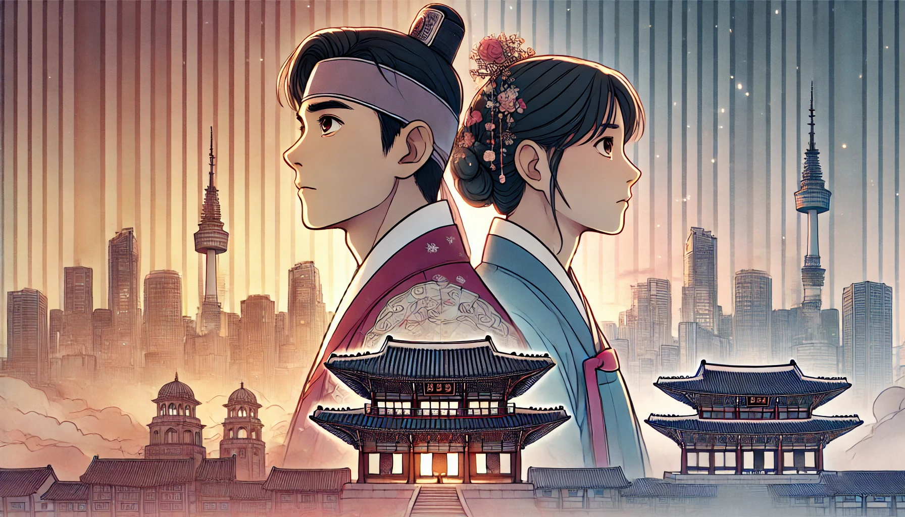 Illustration showing two characters in traditional and modern clothing against a backdrop of historical architecture merging into a city skyline, symbolizing generational change.