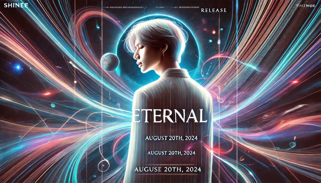 Concept poster for Taemin's MV "Eternal" with an ethereal, cosmic background and bold text announcing the release date.