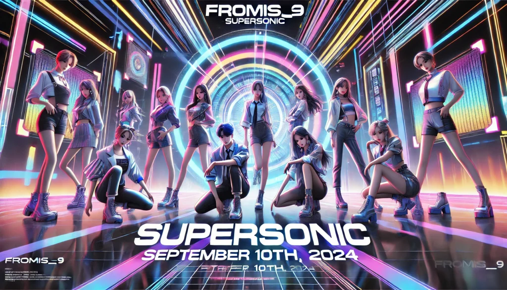 Concept poster for Fromis_9's MV "Supersonic" with a futuristic, neon-themed background and bold text announcing the release date.